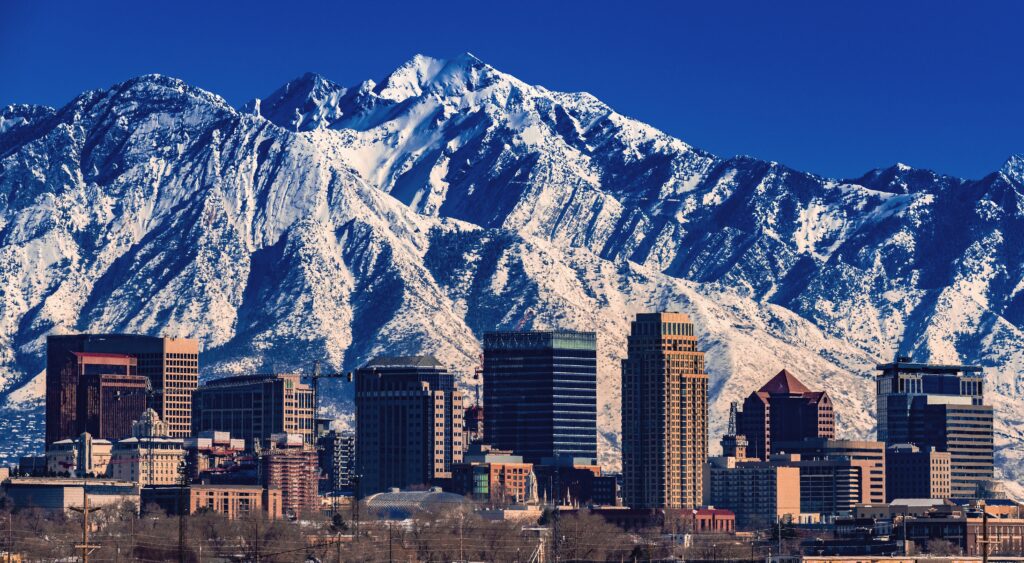 Wasatch Mountains behind the downtown Salt Lake City skyline